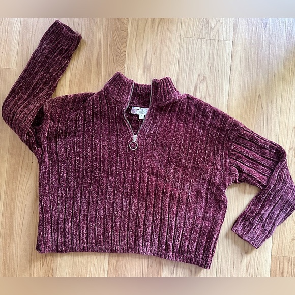 Pink Rose Sweaters - Pink Rose burgundy Velour Quarter Zip Sweater